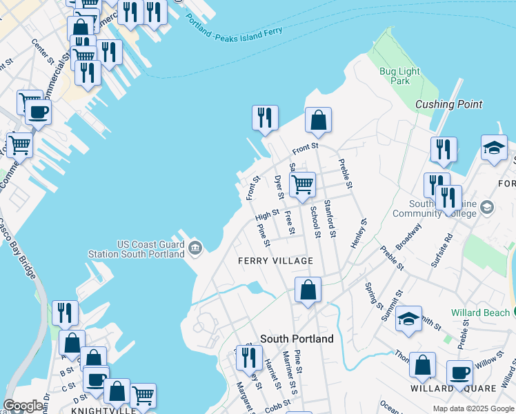 map of restaurants, bars, coffee shops, grocery stores, and more near 24 Pine Street in South Portland