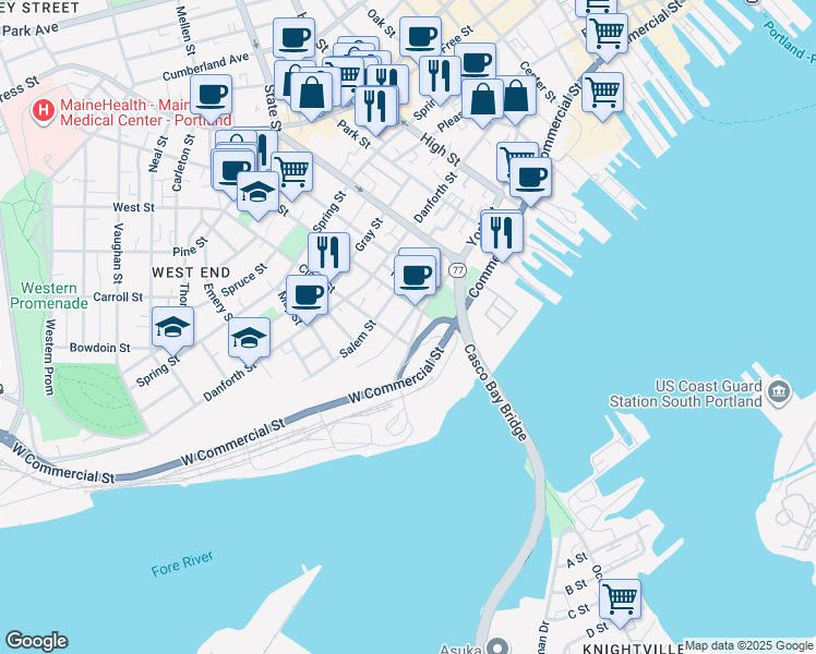 map of restaurants, bars, coffee shops, grocery stores, and more near 267 York Street in Portland