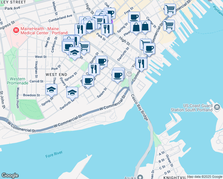 map of restaurants, bars, coffee shops, grocery stores, and more near 39 Sumner Court in Portland