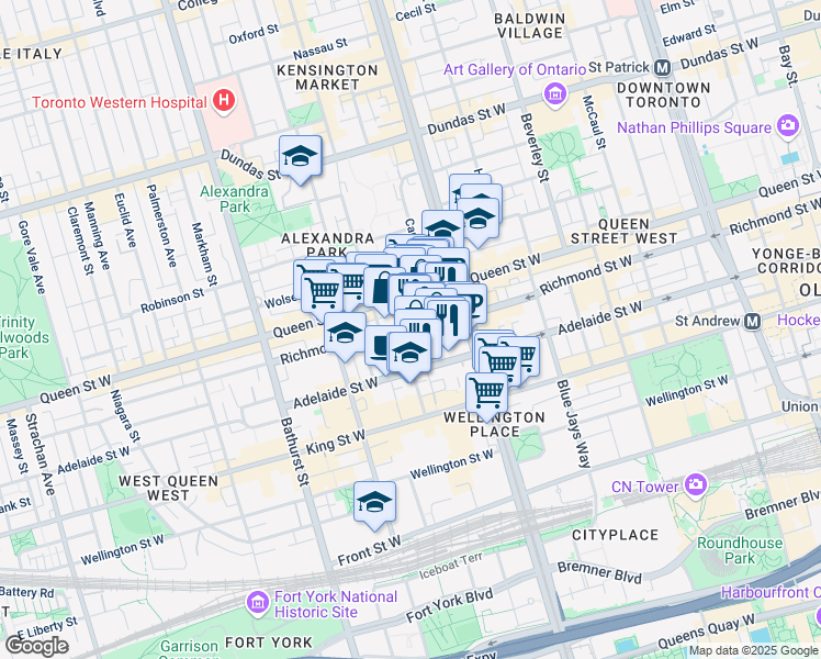 map of restaurants, bars, coffee shops, grocery stores, and more near in Toronto