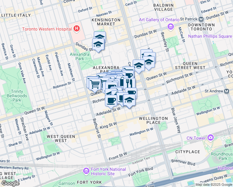 map of restaurants, bars, coffee shops, grocery stores, and more near 505 Richmond Street West in Toronto
