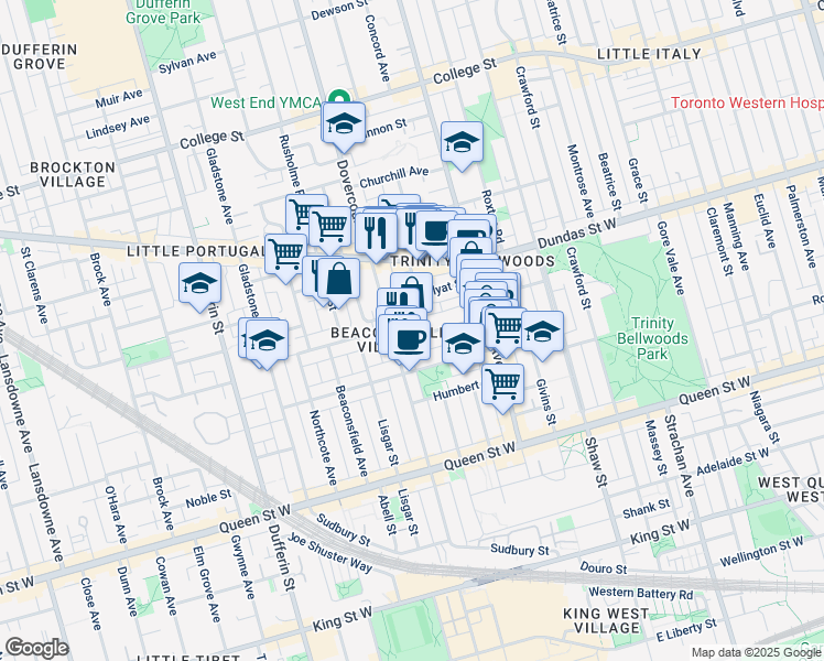 map of restaurants, bars, coffee shops, grocery stores, and more near 202 Dovercourt Road in Toronto
