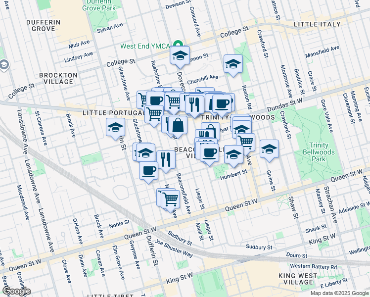 map of restaurants, bars, coffee shops, grocery stores, and more near in Toronto