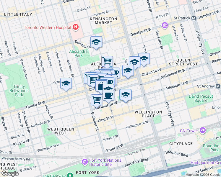 map of restaurants, bars, coffee shops, grocery stores, and more near 544 Richmond Street West in Toronto