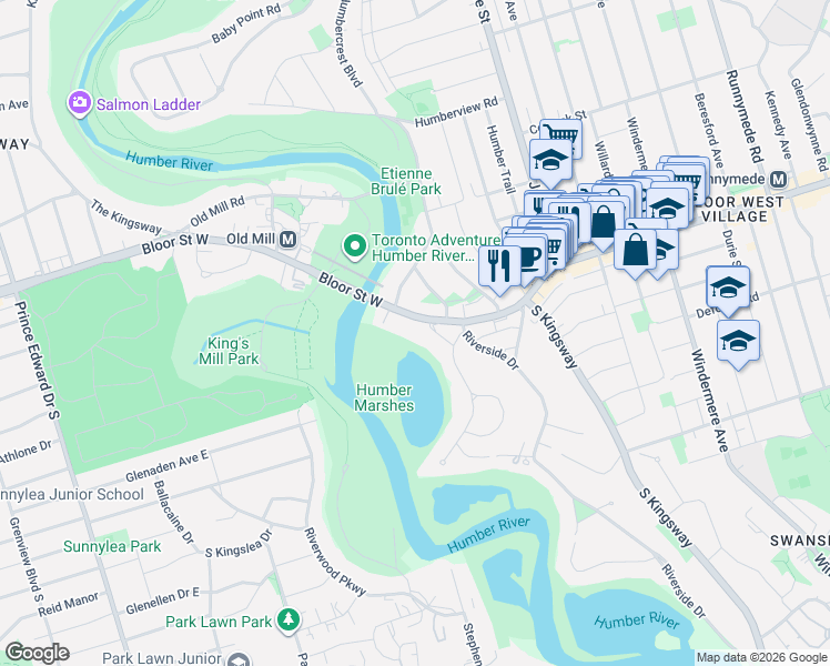 map of restaurants, bars, coffee shops, grocery stores, and more near 2545 Bloor Street West in Toronto