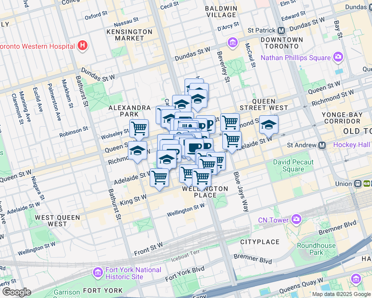 map of restaurants, bars, coffee shops, grocery stores, and more near in Toronto