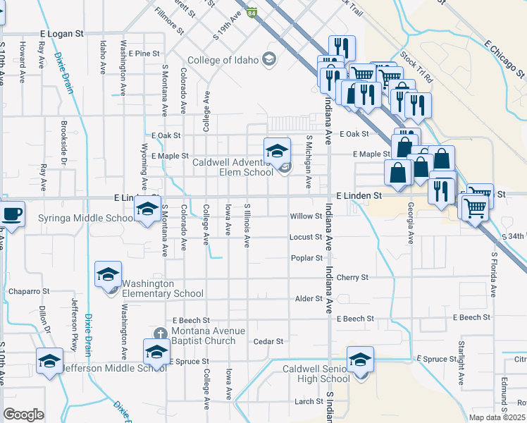 map of restaurants, bars, coffee shops, grocery stores, and more near 1719 Willow Street in Caldwell