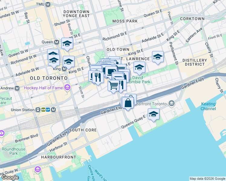 map of restaurants, bars, coffee shops, grocery stores, and more near 3 Market Street in Toronto
