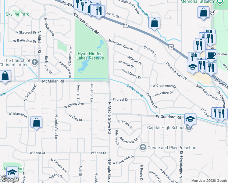 map of restaurants, bars, coffee shops, grocery stores, and more near 8948 Fircrest Drive in Boise