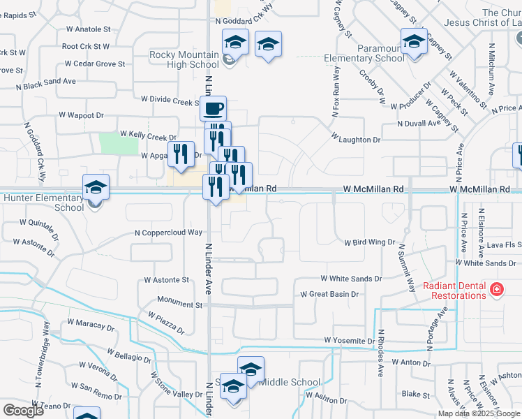 map of restaurants, bars, coffee shops, grocery stores, and more near 4691 North Zachary Way in Meridian