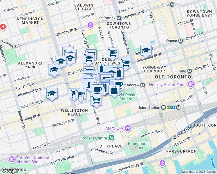 map of restaurants, bars, coffee shops, grocery stores, and more near 99 John Street in Toronto