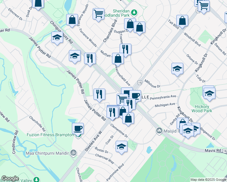 map of restaurants, bars, coffee shops, grocery stores, and more near 61 Pefferlaw Circle in Brampton