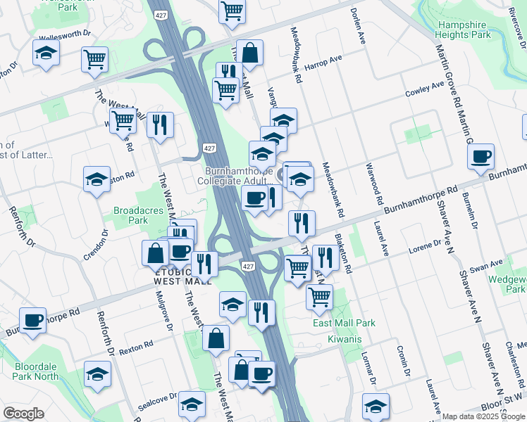 map of restaurants, bars, coffee shops, grocery stores, and more near in Toronto
