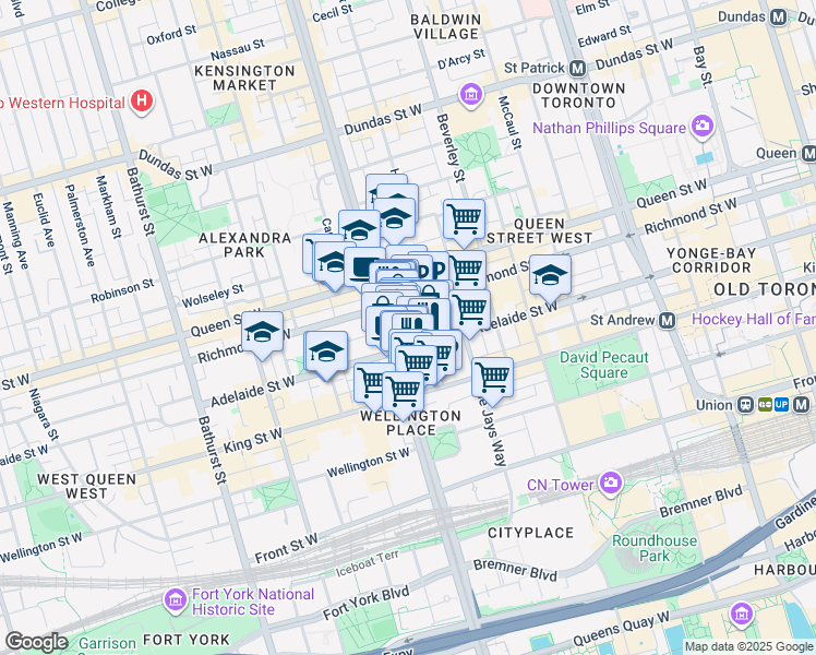 map of restaurants, bars, coffee shops, grocery stores, and more near 129 Spadina Avenue in Toronto