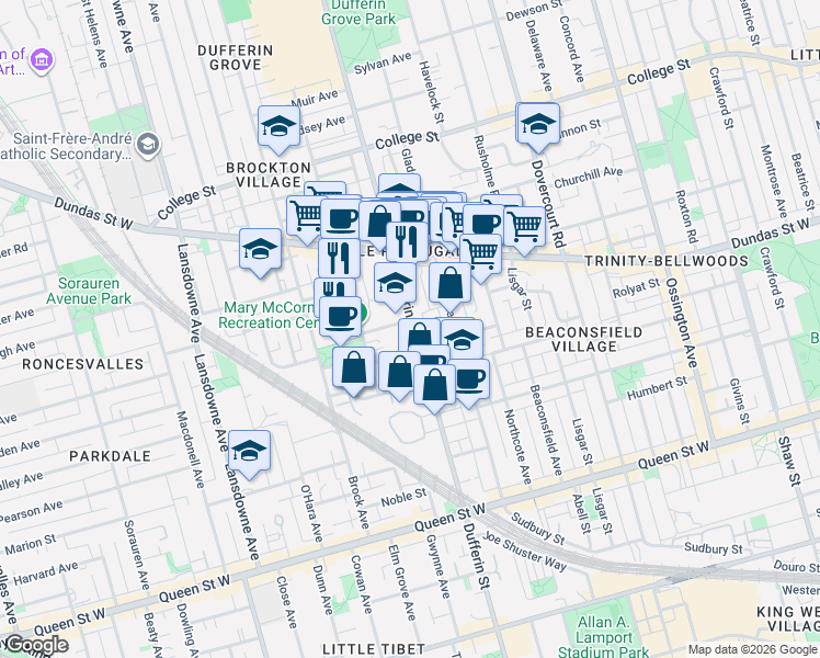map of restaurants, bars, coffee shops, grocery stores, and more near 550 Dufferin Street in Toronto