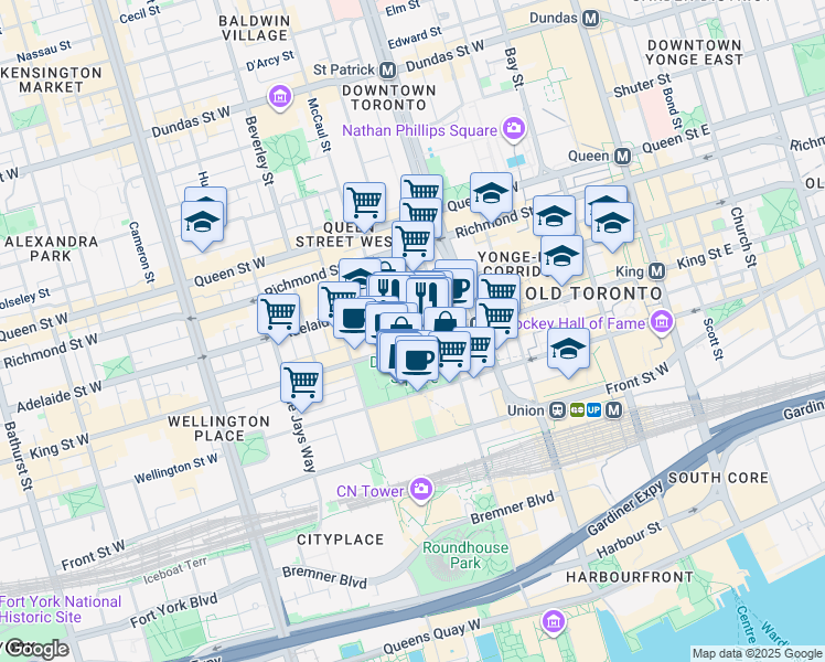 map of restaurants, bars, coffee shops, grocery stores, and more near 224 King Street West in Toronto