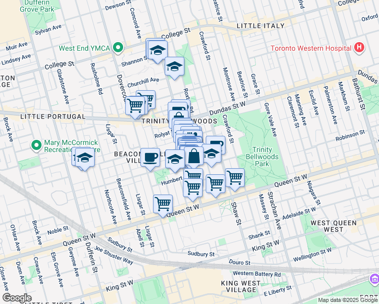 map of restaurants, bars, coffee shops, grocery stores, and more near 145 Ossington Avenue in Toronto