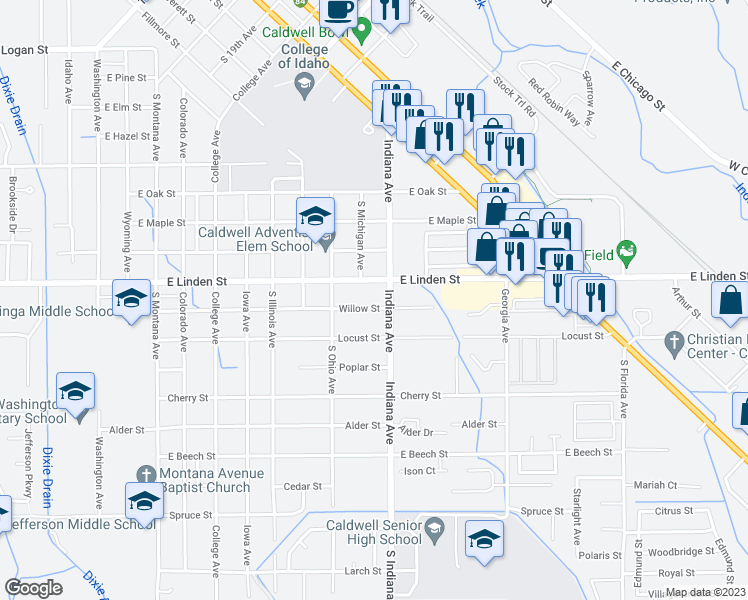 map of restaurants, bars, coffee shops, grocery stores, and more near 2011 Willow Street in Caldwell