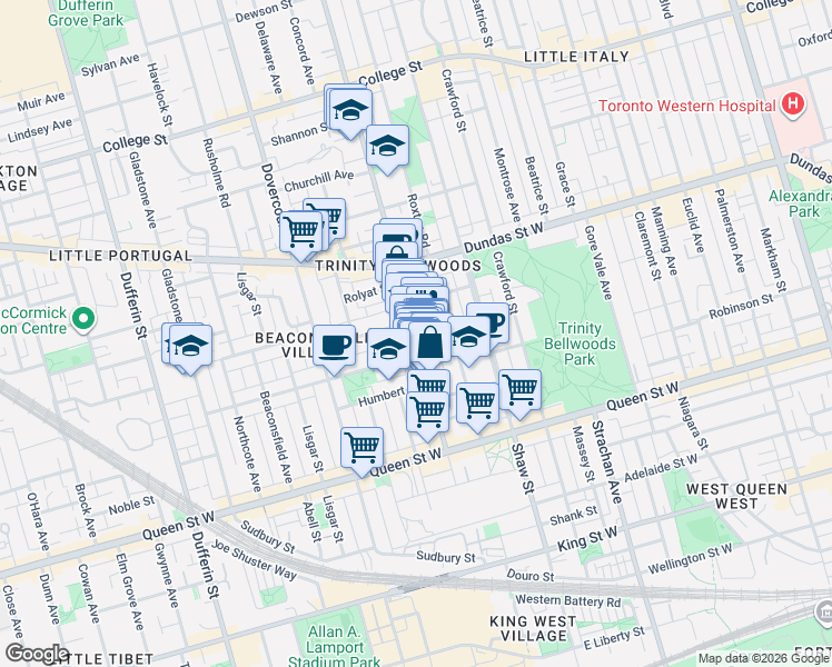 map of restaurants, bars, coffee shops, grocery stores, and more near 149 Ossington Avenue in Toronto