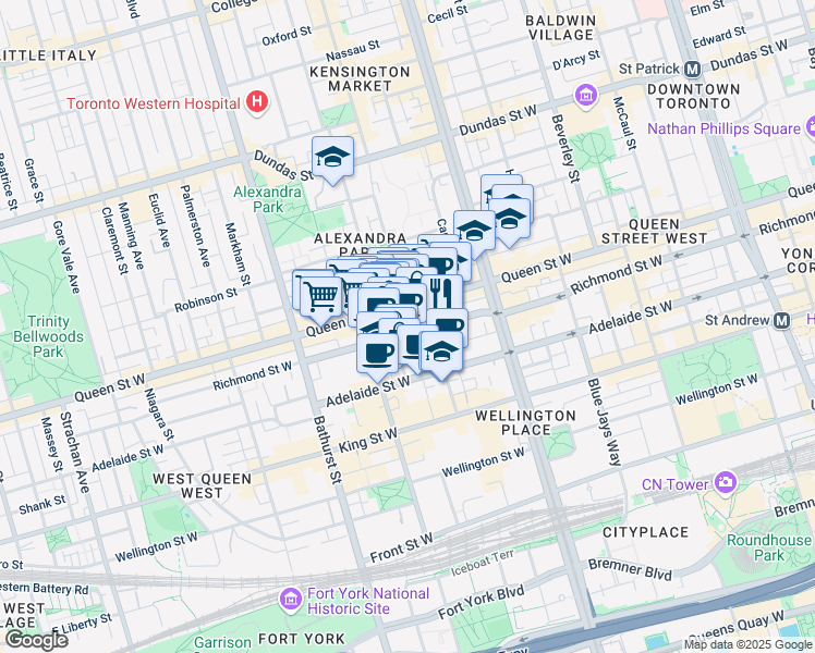 map of restaurants, bars, coffee shops, grocery stores, and more near 2 Augusta Avenue in Toronto