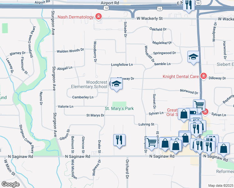 map of restaurants, bars, coffee shops, grocery stores, and more near 5500 Drake Street in Midland