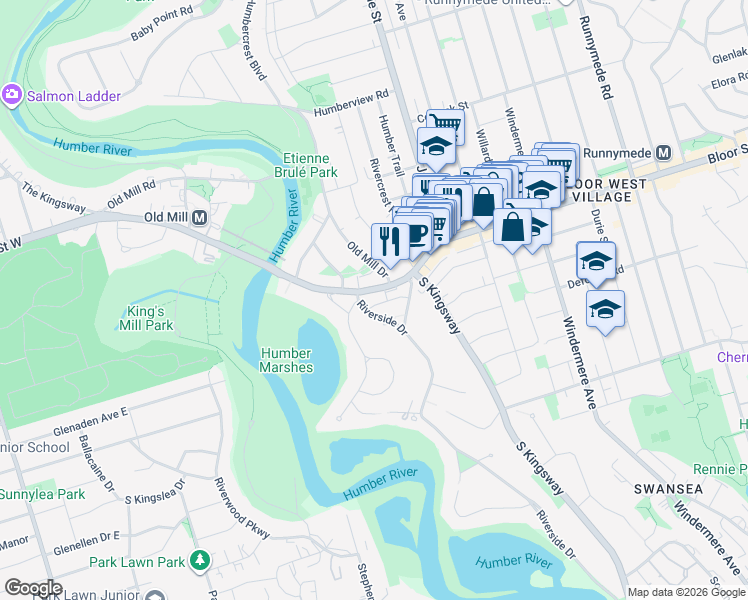 map of restaurants, bars, coffee shops, grocery stores, and more near 2511 Bloor Street West in Toronto