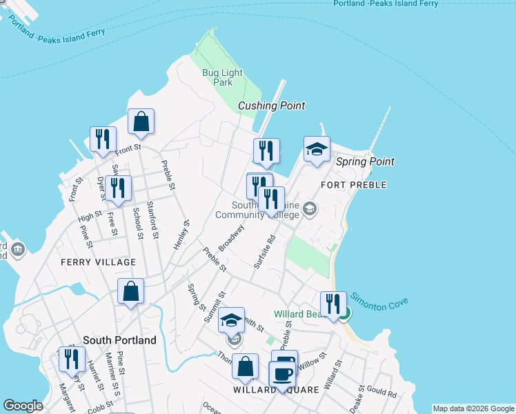 map of restaurants, bars, coffee shops, grocery stores, and more near 12 Broadway in South Portland