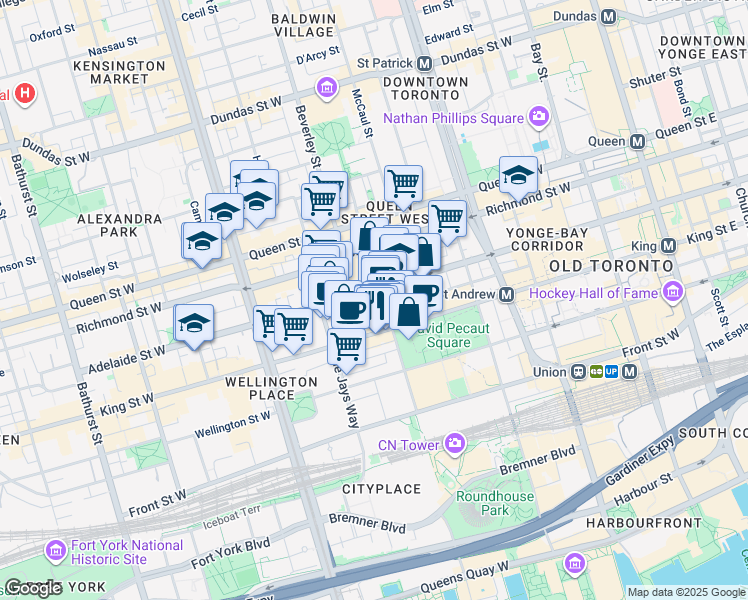 map of restaurants, bars, coffee shops, grocery stores, and more near 295 Adelaide Street West in Toronto