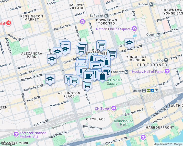 map of restaurants, bars, coffee shops, grocery stores, and more near 299 Adelaide Street West in Toronto