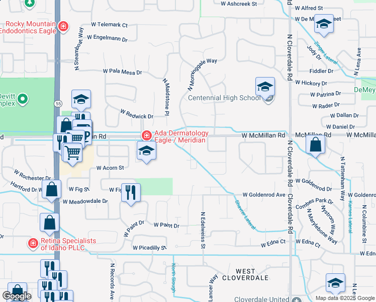 map of restaurants, bars, coffee shops, grocery stores, and more near 4772 North Morninggale Drive in Boise