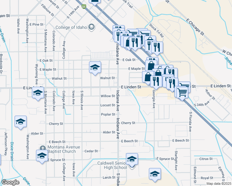 map of restaurants, bars, coffee shops, grocery stores, and more near 2603 Indiana Avenue in Caldwell