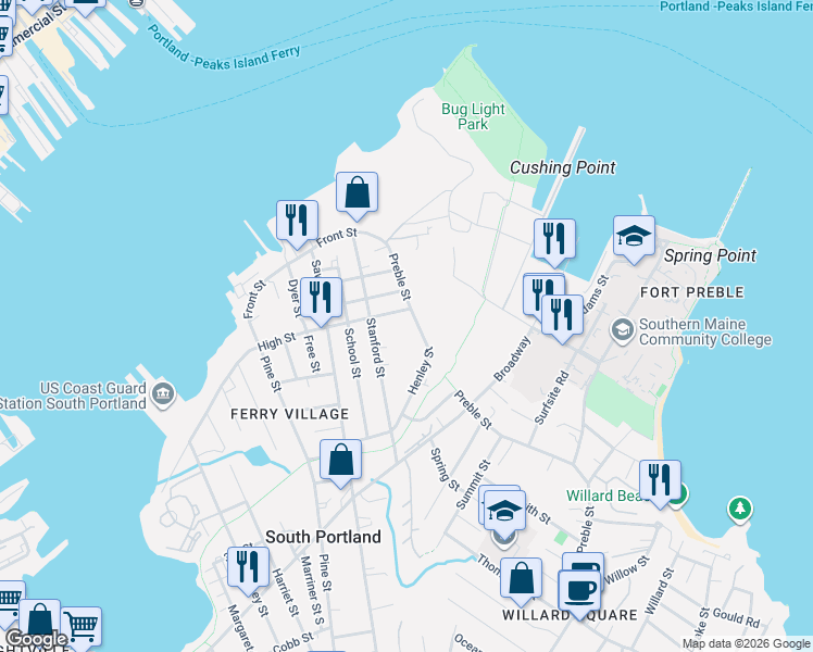 map of restaurants, bars, coffee shops, grocery stores, and more near 81 Henley Street in South Portland