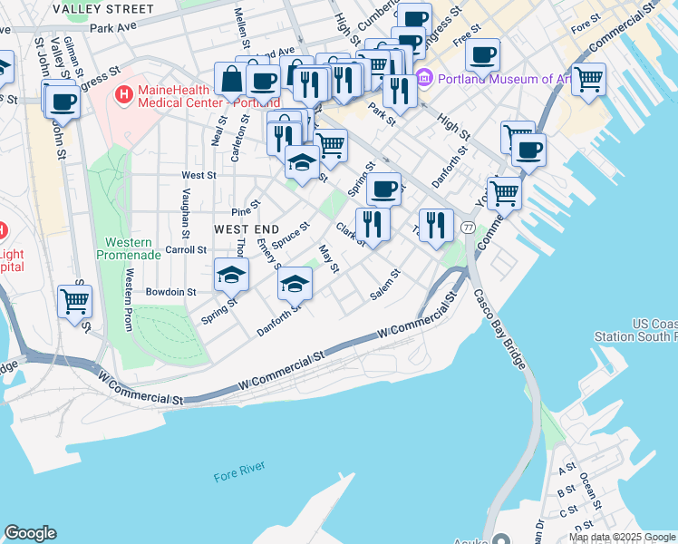 map of restaurants, bars, coffee shops, grocery stores, and more near 254 Danforth Street in Portland