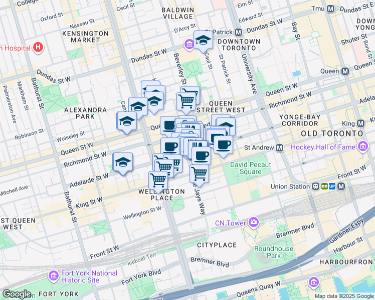 map of restaurants, bars, coffee shops, grocery stores, and more near in Toronto
