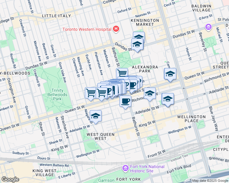 map of restaurants, bars, coffee shops, grocery stores, and more near 6 Markham Street in Toronto