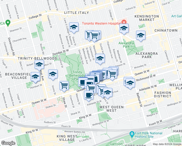 map of restaurants, bars, coffee shops, grocery stores, and more near in Toronto