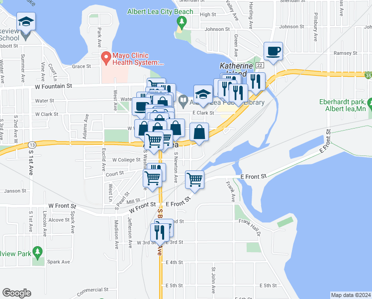 map of restaurants, bars, coffee shops, grocery stores, and more near 221 East College Street in Albert Lea