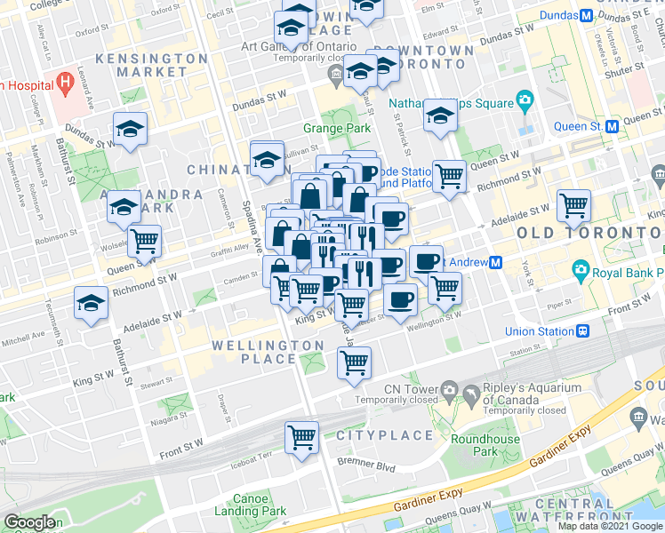 map of restaurants, bars, coffee shops, grocery stores, and more near 101 Peter Street in Toronto