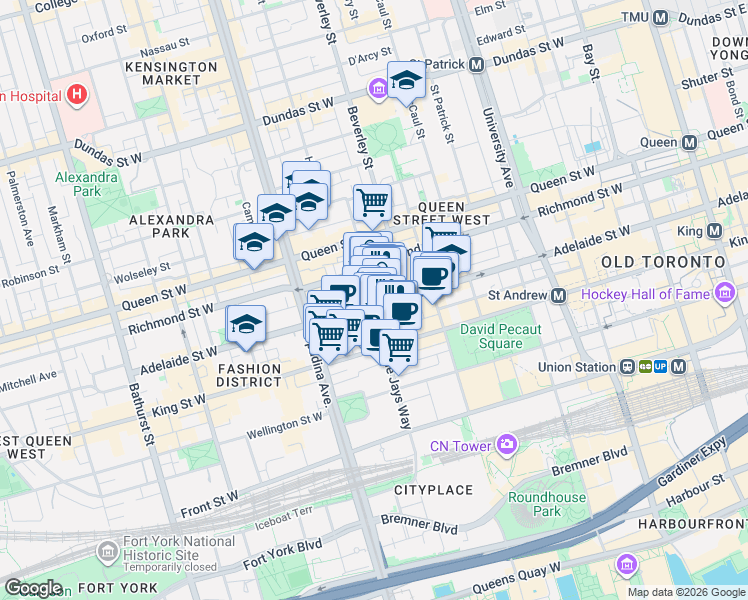 map of restaurants, bars, coffee shops, grocery stores, and more near 101 Peter Street in Toronto
