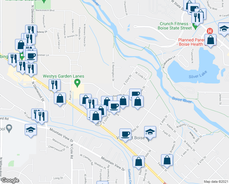 map of restaurants, bars, coffee shops, grocery stores, and more near 5121 Alworth Street in Garden City