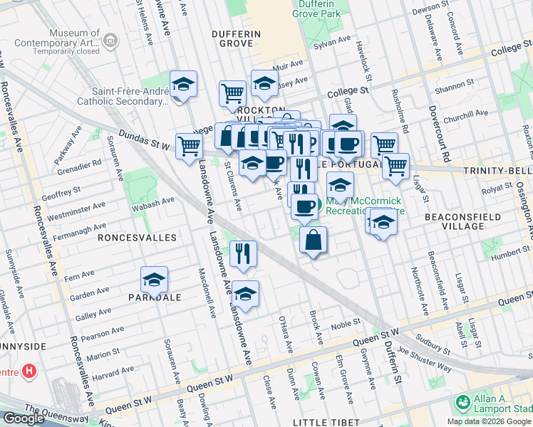 map of restaurants, bars, coffee shops, grocery stores, and more near 17 Wyndham Street in Toronto