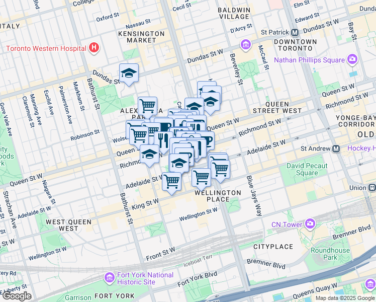 map of restaurants, bars, coffee shops, grocery stores, and more near in Toronto
