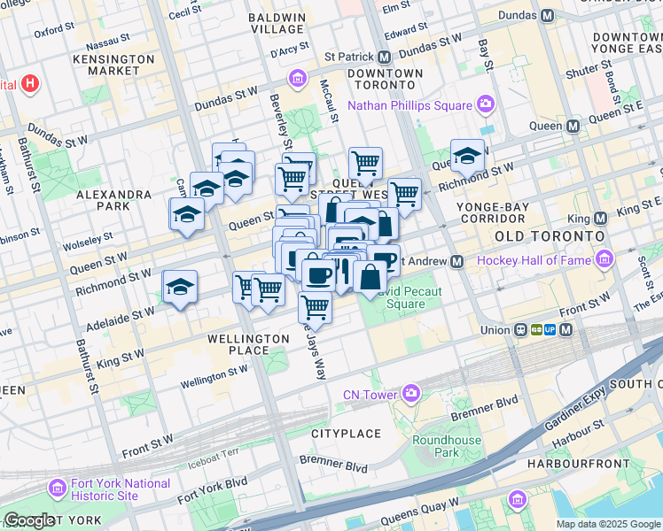map of restaurants, bars, coffee shops, grocery stores, and more near 11 Widmer Street in Toronto