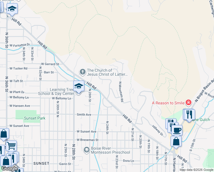 map of restaurants, bars, coffee shops, grocery stores, and more near 3001 North 24th Street in Boise