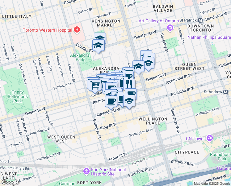 map of restaurants, bars, coffee shops, grocery stores, and more near 505 Richmond Street West in Toronto