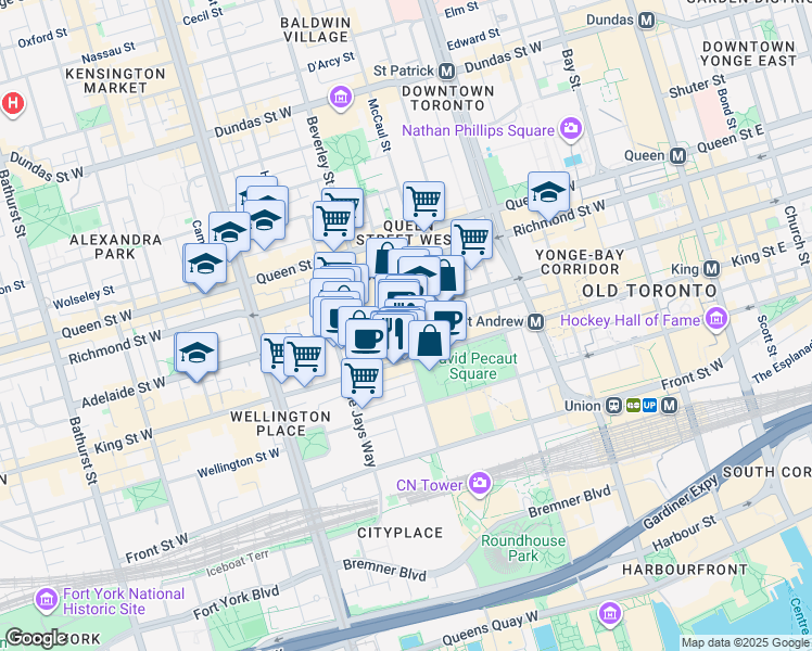 map of restaurants, bars, coffee shops, grocery stores, and more near 99 John Street in Toronto