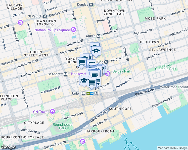 map of restaurants, bars, coffee shops, grocery stores, and more near 222 Bay Street in Toronto