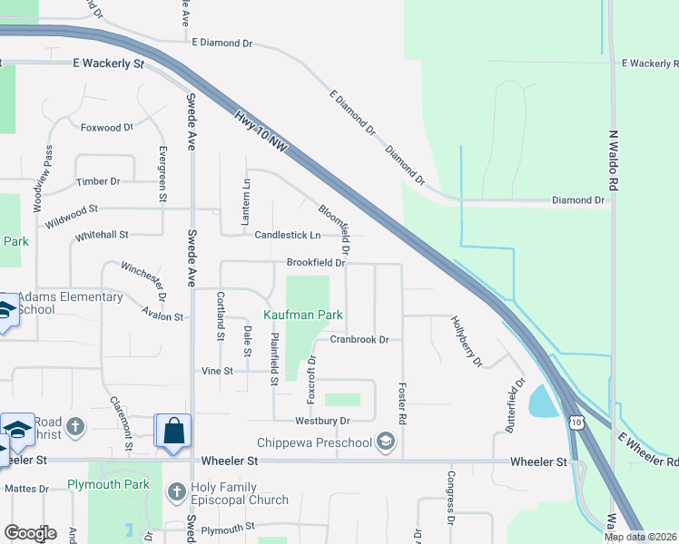map of restaurants, bars, coffee shops, grocery stores, and more near 5414 Bloomfield Drive in Midland