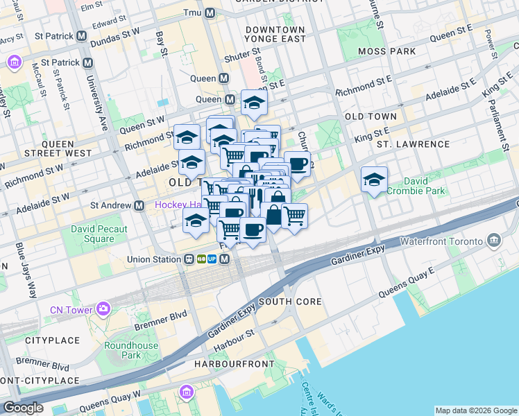 map of restaurants, bars, coffee shops, grocery stores, and more near 42 Yonge Street in Toronto