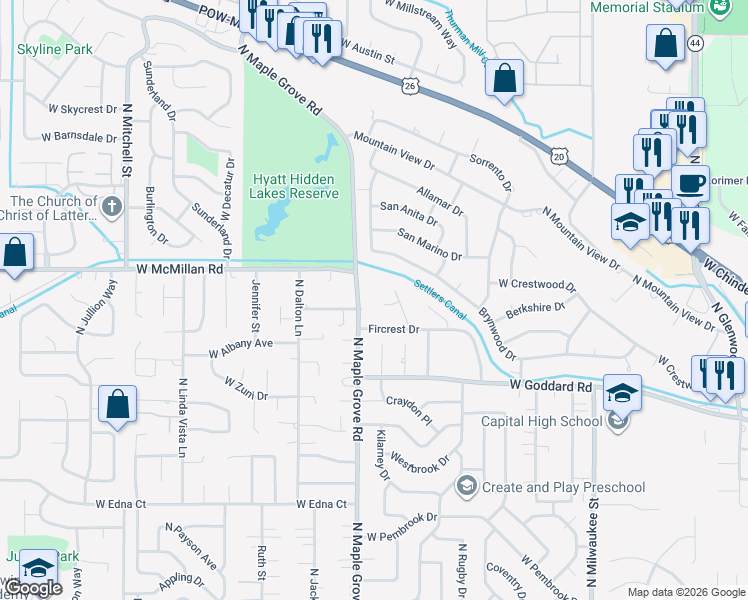 map of restaurants, bars, coffee shops, grocery stores, and more near 8948 Fircrest Drive in Boise